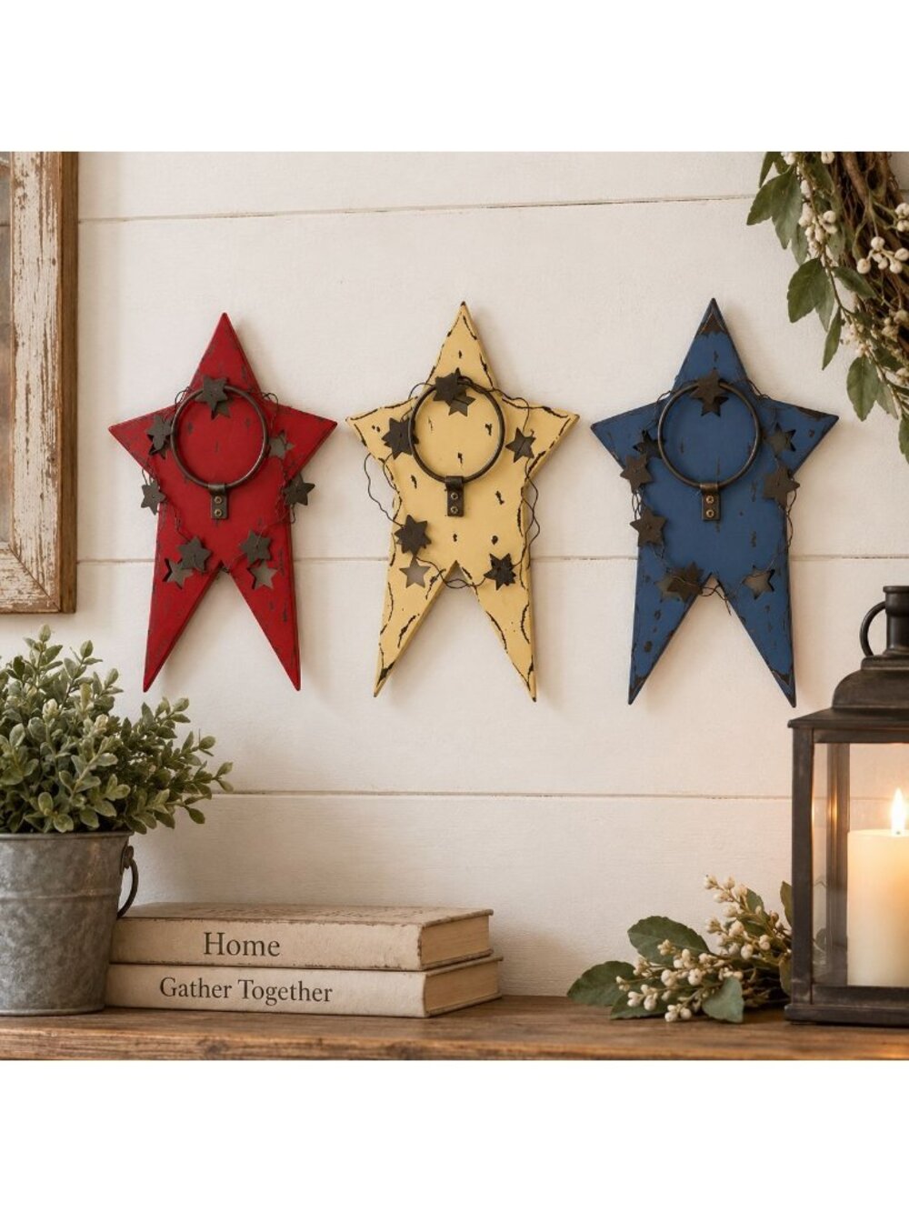 Wood & Metal Patriotic Star Rustic Wall Decor Hanger Red Blue Cream Farmhouse